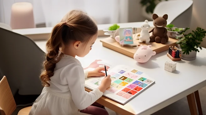 https://s.mj.run/DrsTwH7ErKU A 2-year-old child wearing a white skirt is playing with early childhood education toys on the table, with his back to the camera and a high angle view, iw 2 --s 750 --style raw