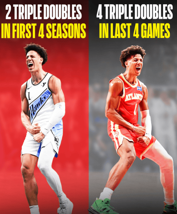 杰倫-約翰遜生涯前4年僅2次三雙，本季已6次&近4場連續三雙